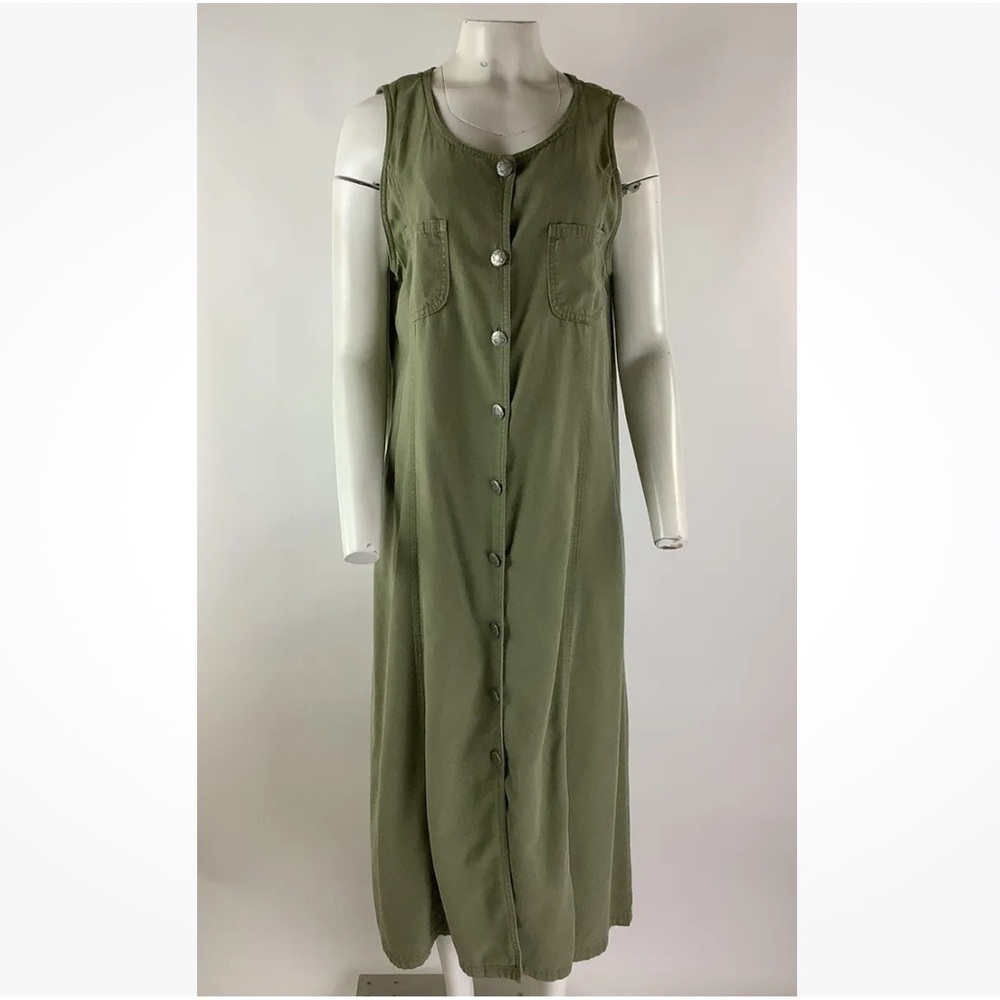 Paris Star Sz 14 Chambray Button Front Maxi Dress Green Tencel Cotton Casual